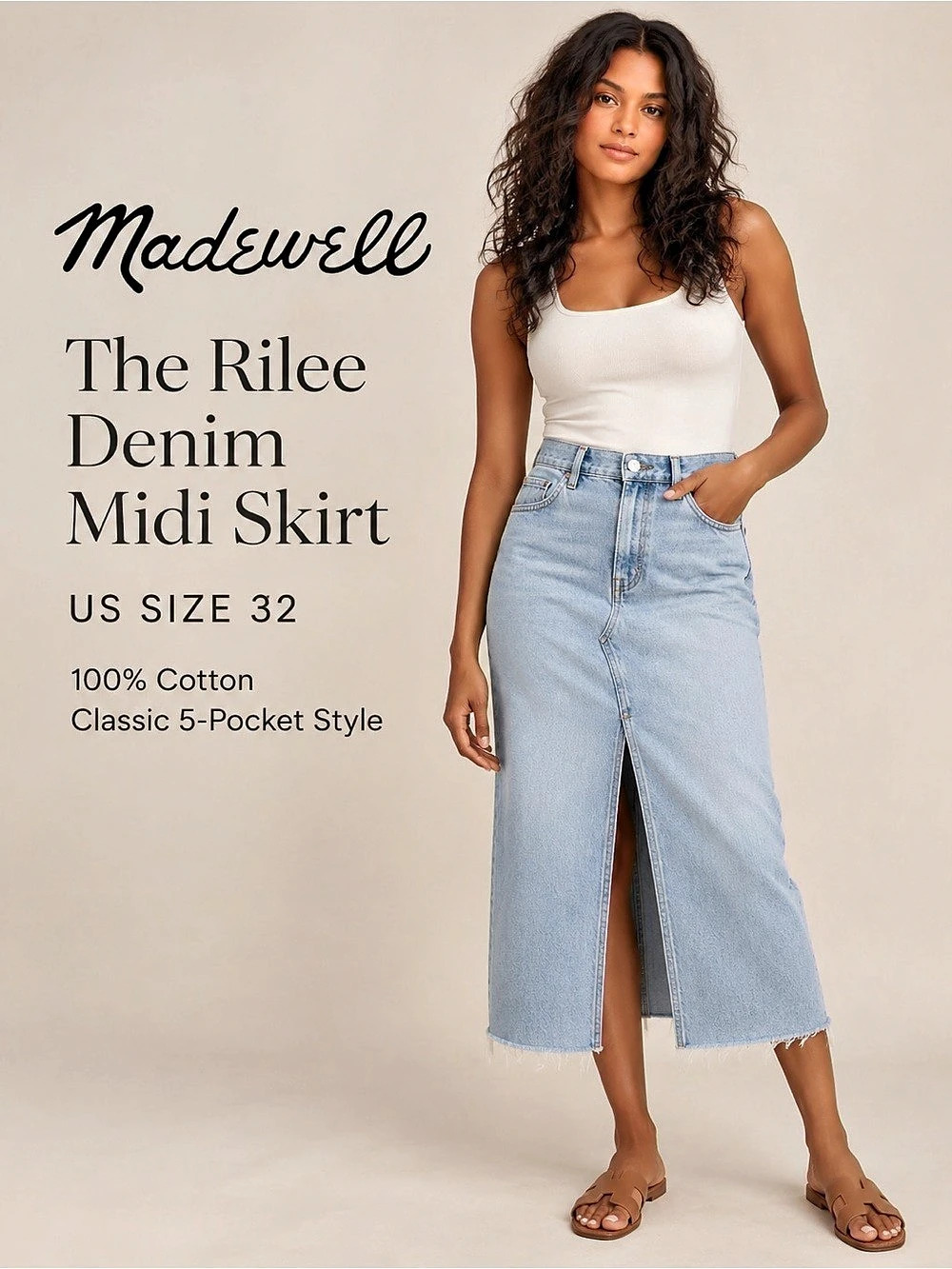 Madewell The Rilee Denim Midi Skirt Fitzgerald Wash NWT Size 32